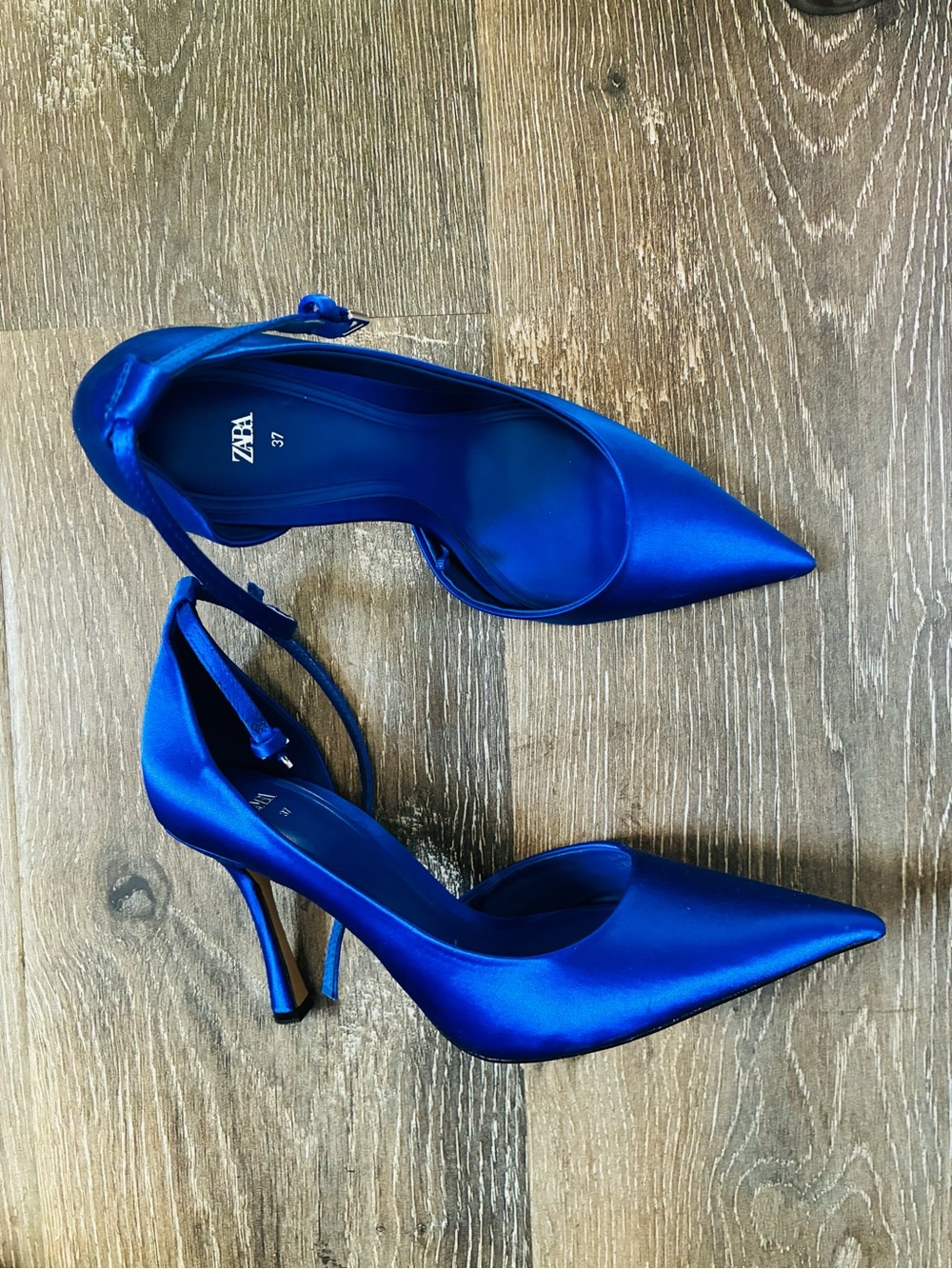 ZARA Electric Blue Satin Pointed-Toe Ankle Strap Heels